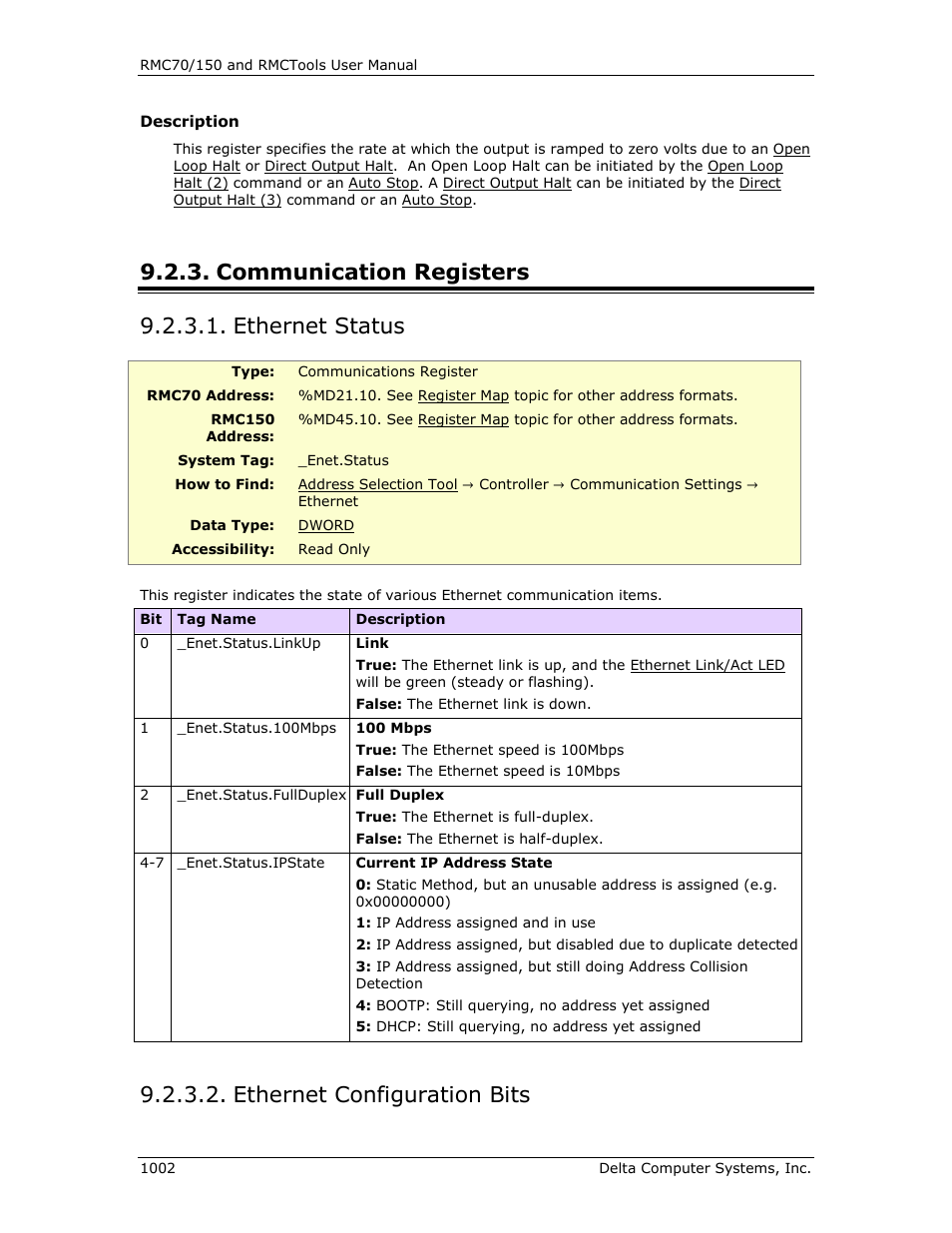 Communication registers, Ethernet status, Ethernet configuration bits | Communication registers 2, Ethernet status 2, Ethernet configuration bits 2, Enet.status.linkup, Communication registers 9.2.3.1. ethernet status | Delta RMC151 User Manual | Page 1022 / 1221