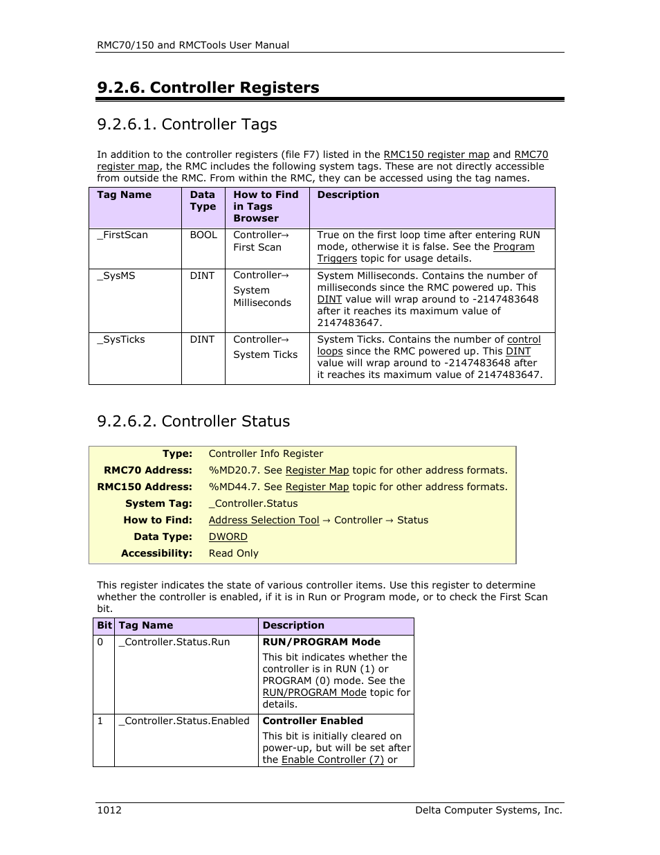 Controller registers, Controller tags, Controller status | Controller registers 2, Controller tags 2, Controller status 2, Controller registers 9.2.6.1. controller tags | Delta RMC151 User Manual | Page 1032 / 1221