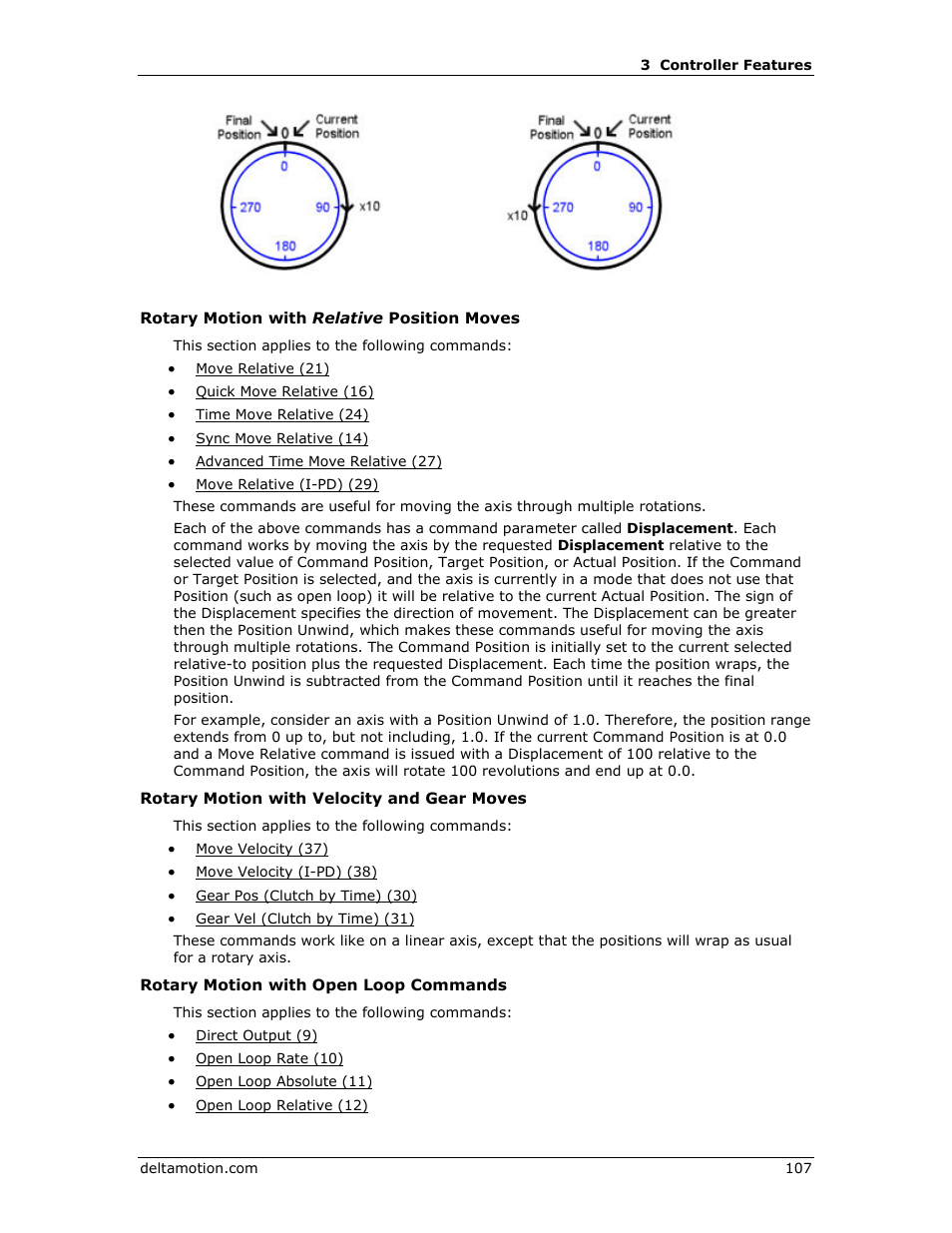 Rotary motion with relative position moves, Rotary motion with velocity and gear moves, Rotary motion with open loop commands | Delta RMC151 User Manual | Page 127 / 1221