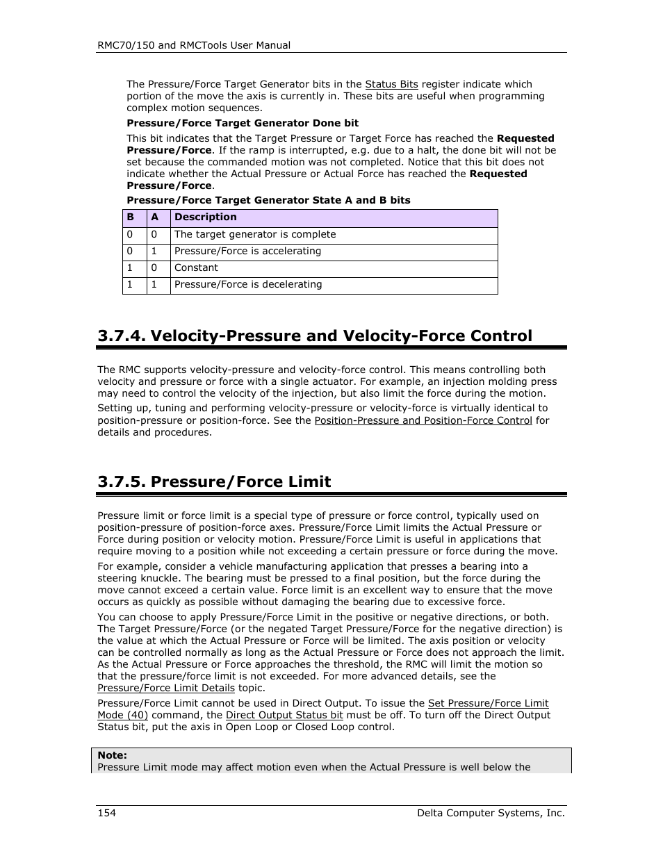 Velocity-pressure and velocity-force control, Pressure/force limit, Limit pressure or force | Pressure limit or force limit | Delta RMC151 User Manual | Page 174 / 1221