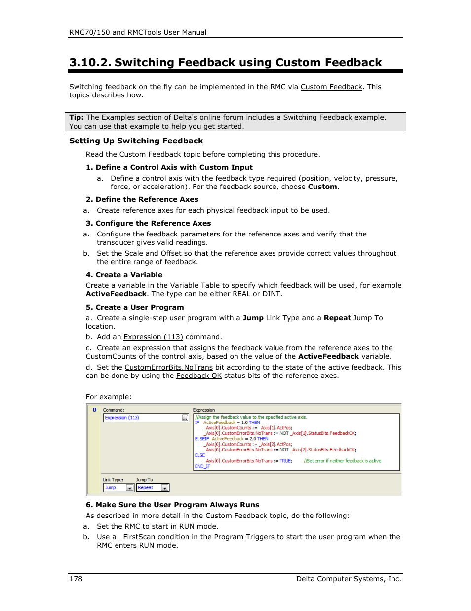 Switching feedback using custom feedback, Switching feedback on, The fly | Switching feedback | Delta RMC151 User Manual | Page 198 / 1221