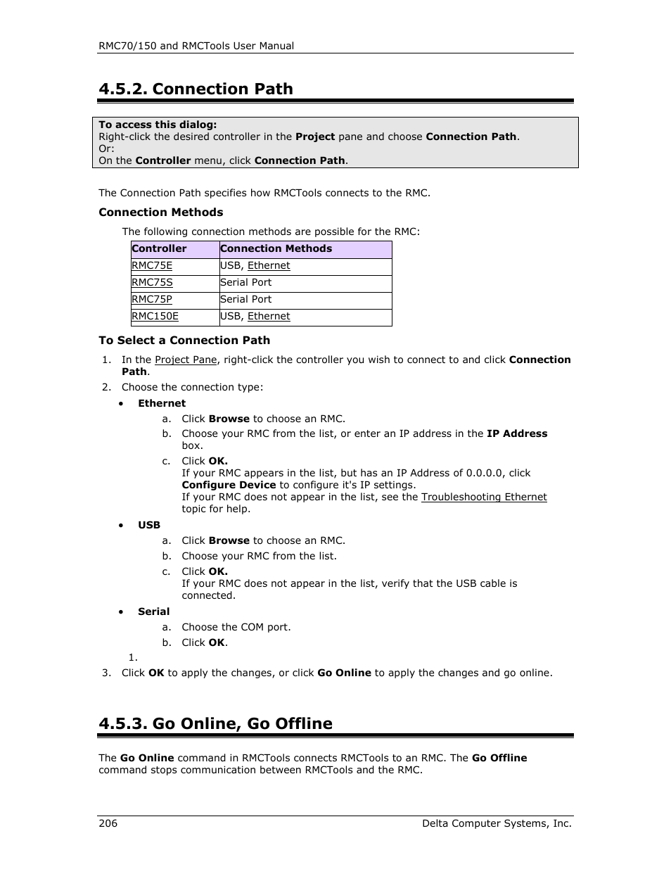 Connection path, Go online, go offline, Connection path go online | Delta RMC151 User Manual | Page 226 / 1221