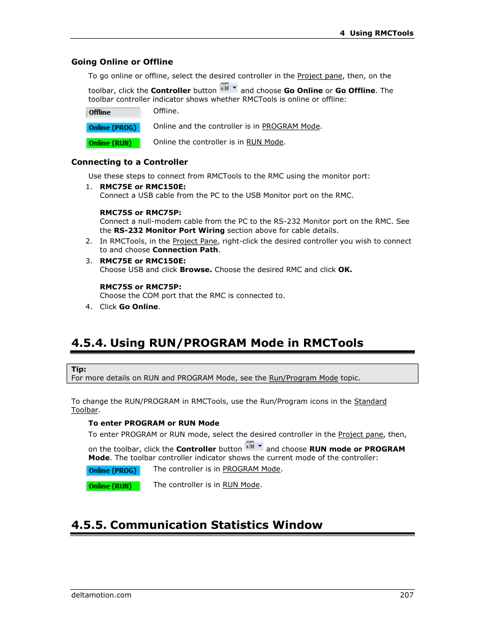 Using run/program mode in rmctools, Communication statistics window, Run/program mode communication statistics | Delta RMC151 User Manual | Page 227 / 1221