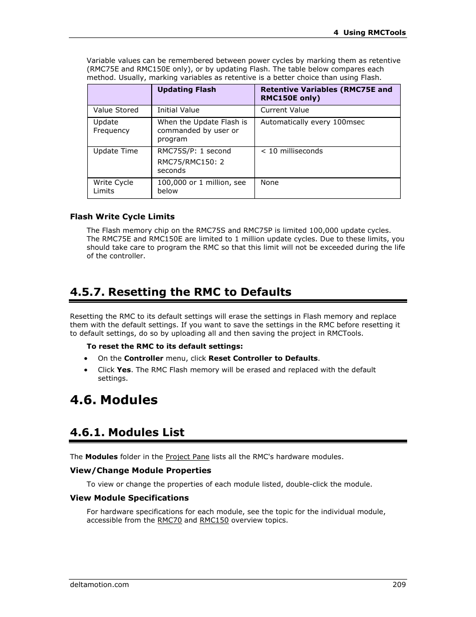Resetting the rmc to defaults, Modules, Modules list | Delta RMC151 User Manual | Page 229 / 1221