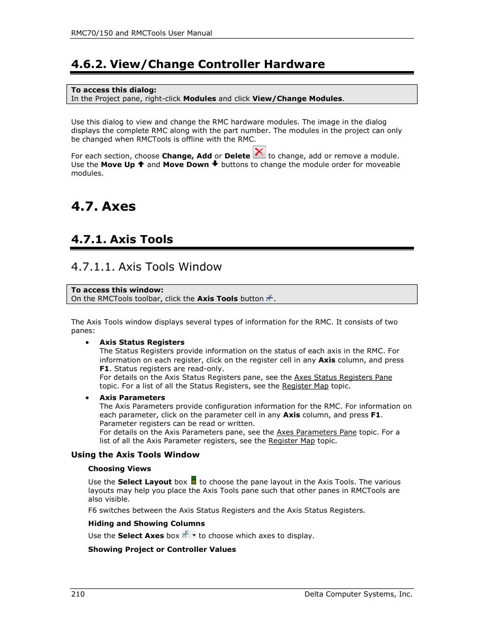 View/change controller hardware, Axes, Axis tools | Axis tools window, Axis tools 4.7.1.1. axis tools window | Delta RMC151 User Manual | Page 230 / 1221