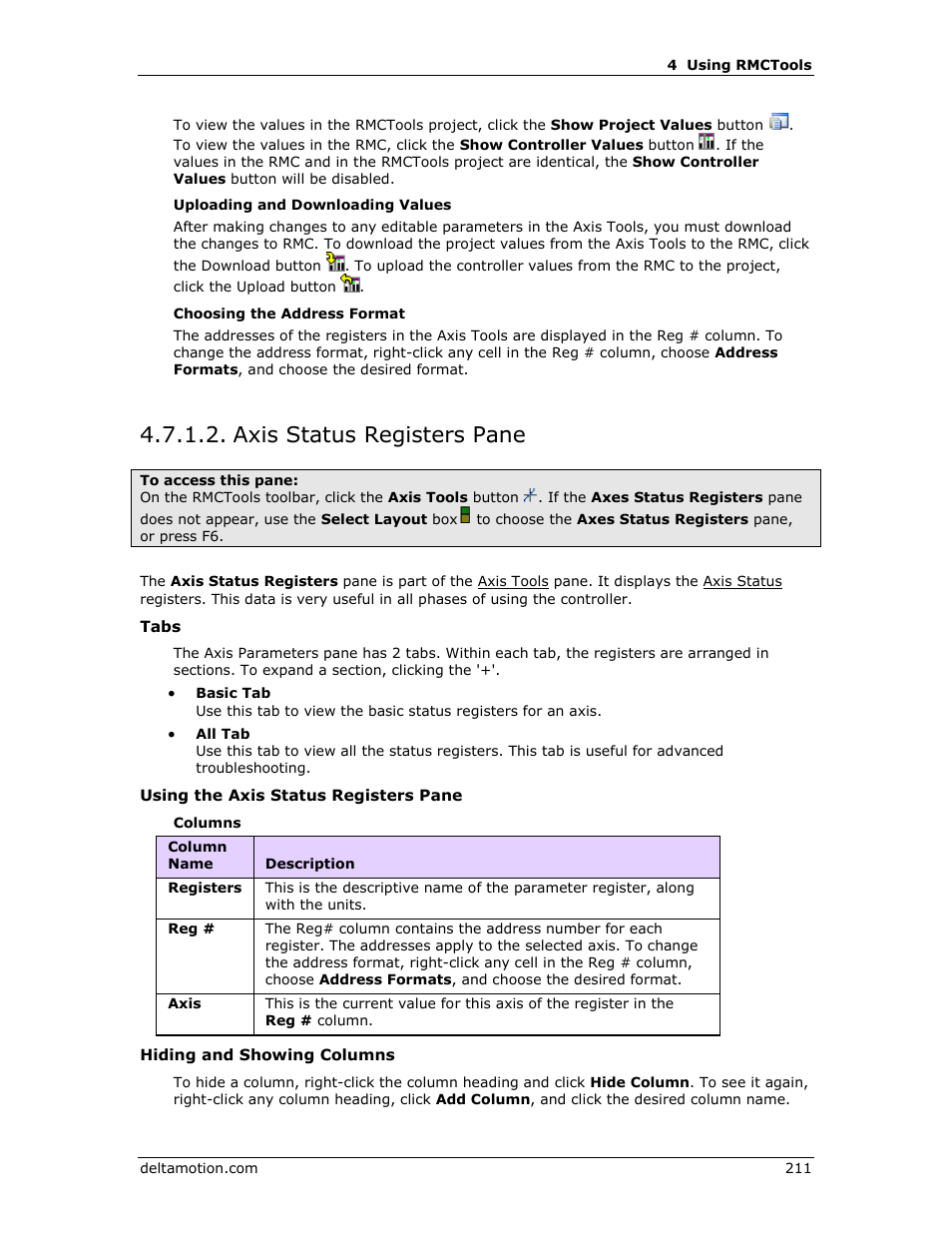 Axis status registers pane, Axis status registers, Pane | E axes status registers pane | Delta RMC151 User Manual | Page 231 / 1221