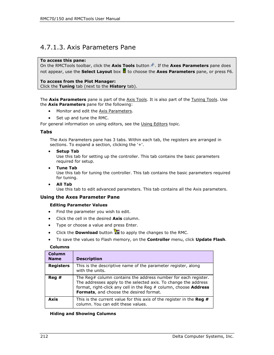 Axis parameters pane, Axes parameters pane, E axes parameters pane | Delta RMC151 User Manual | Page 232 / 1221