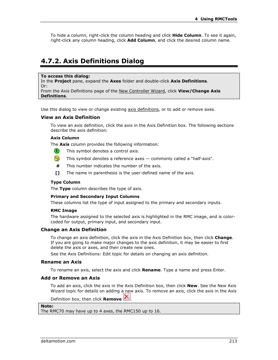 Axis definitions dialog, Axis definitions: dialog, Axis definitions | E axis definitions, Define, Define an axis | Delta RMC151 User Manual | Page 233 / 1221