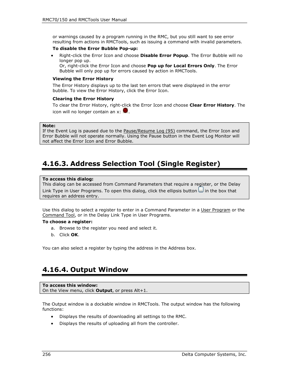 Address selection tool (single register), Output window, Address selection | Tool output window | Delta RMC151 User Manual | Page 276 / 1221