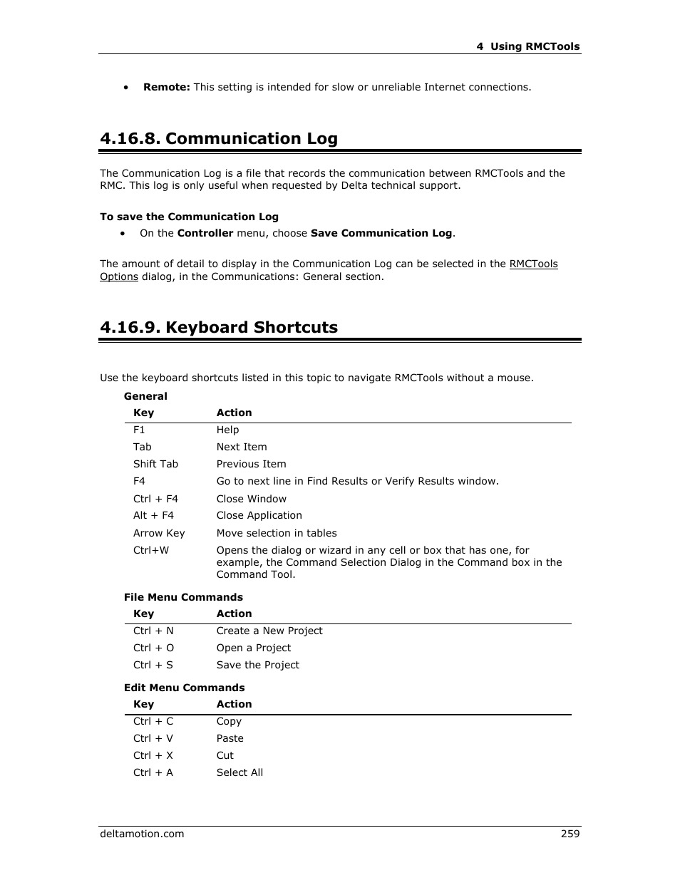 Communication log, Keyboard shortcuts, Communication log keyboard shortcuts | Delta RMC151 User Manual | Page 279 / 1221