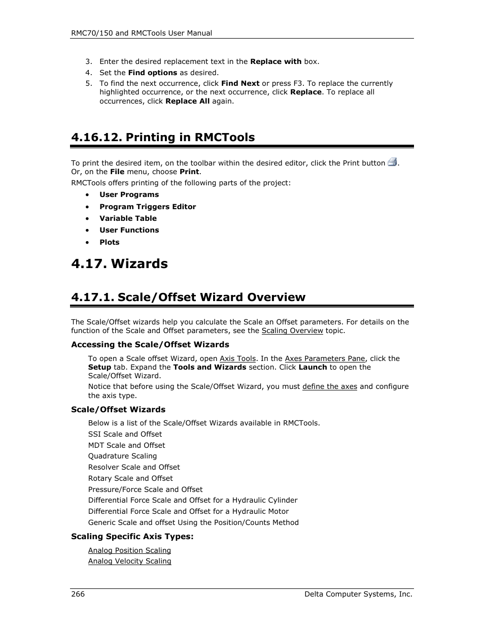 Printing in rmctools, Wizards, Scale/offset wizard overview | E scale/offset wizard, Scale/offset wizards, Printing | Delta RMC151 User Manual | Page 286 / 1221