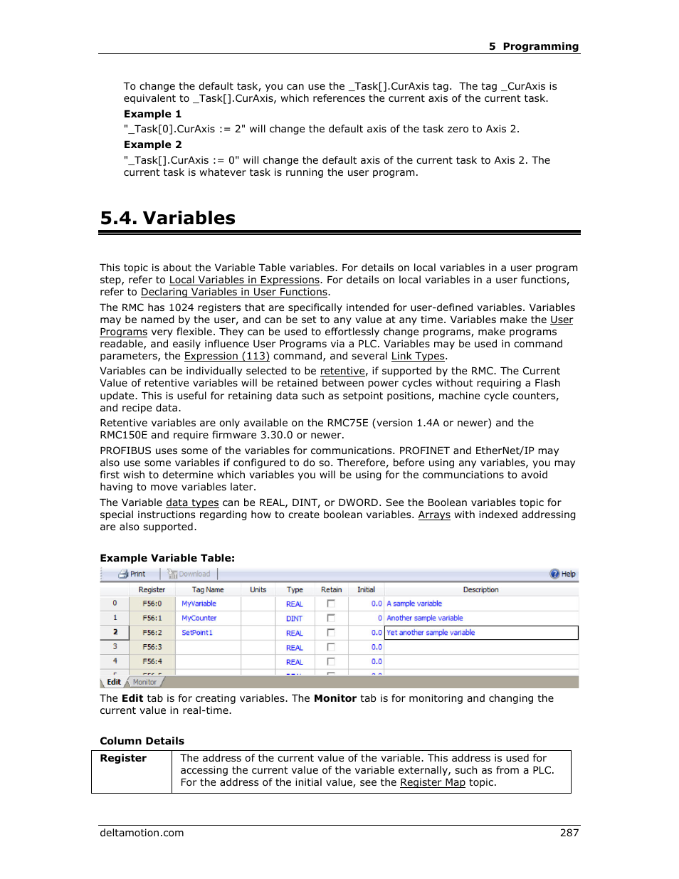 Variables, Variables retentive variables, A variable | S variables, E variables | Delta RMC151 User Manual | Page 307 / 1221