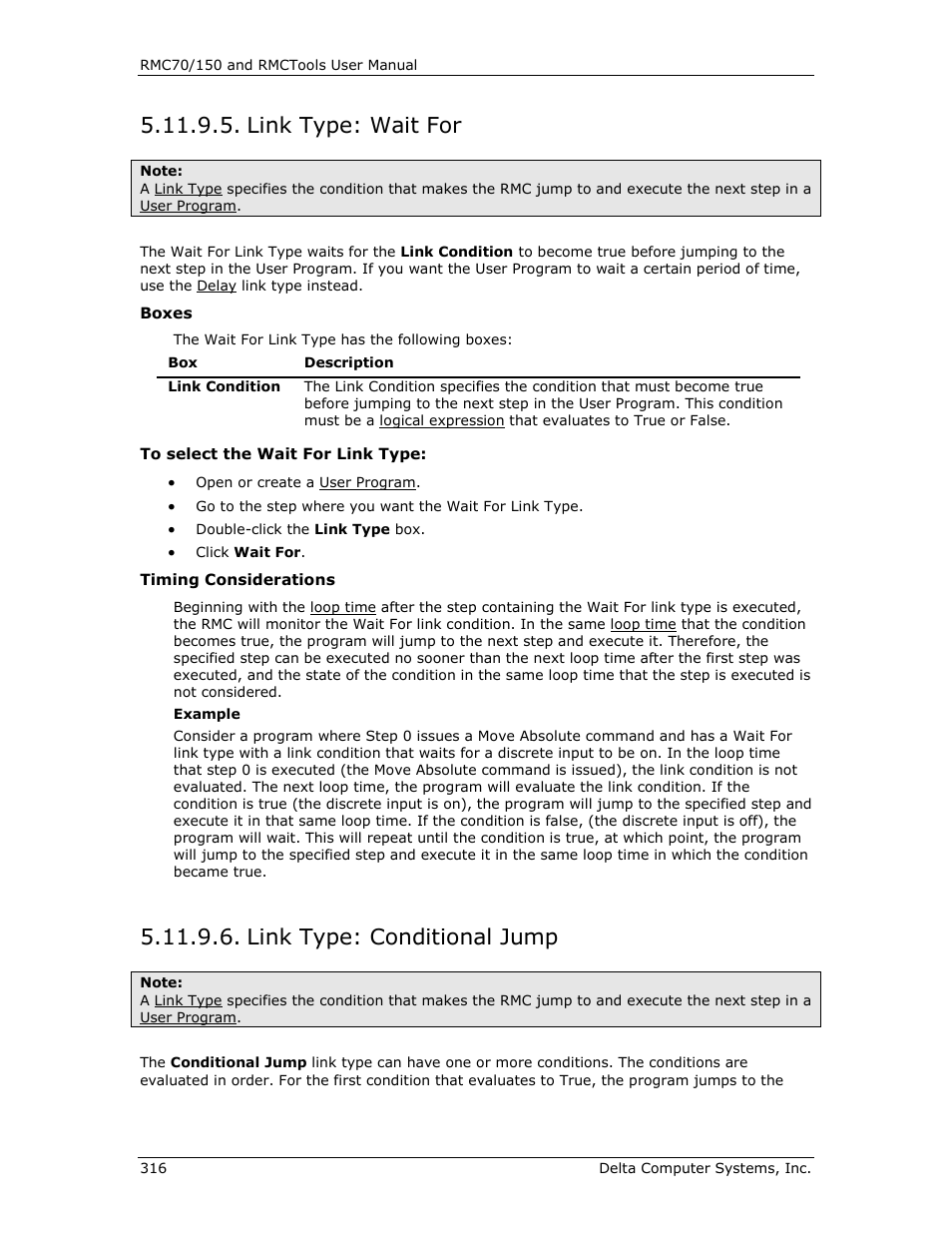 Link type: wait for, Link type: conditional jump, Wait for, conditional jump, an | Wait for, Conditional jump, Conditional, Jump | Delta RMC151 User Manual | Page 336 / 1221