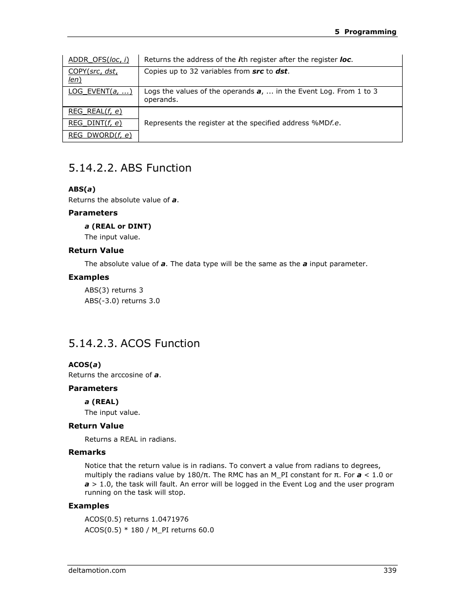 Abs function, Acos function, Abs( a ) | Acos( a ) | Delta RMC151 User Manual | Page 359 / 1221