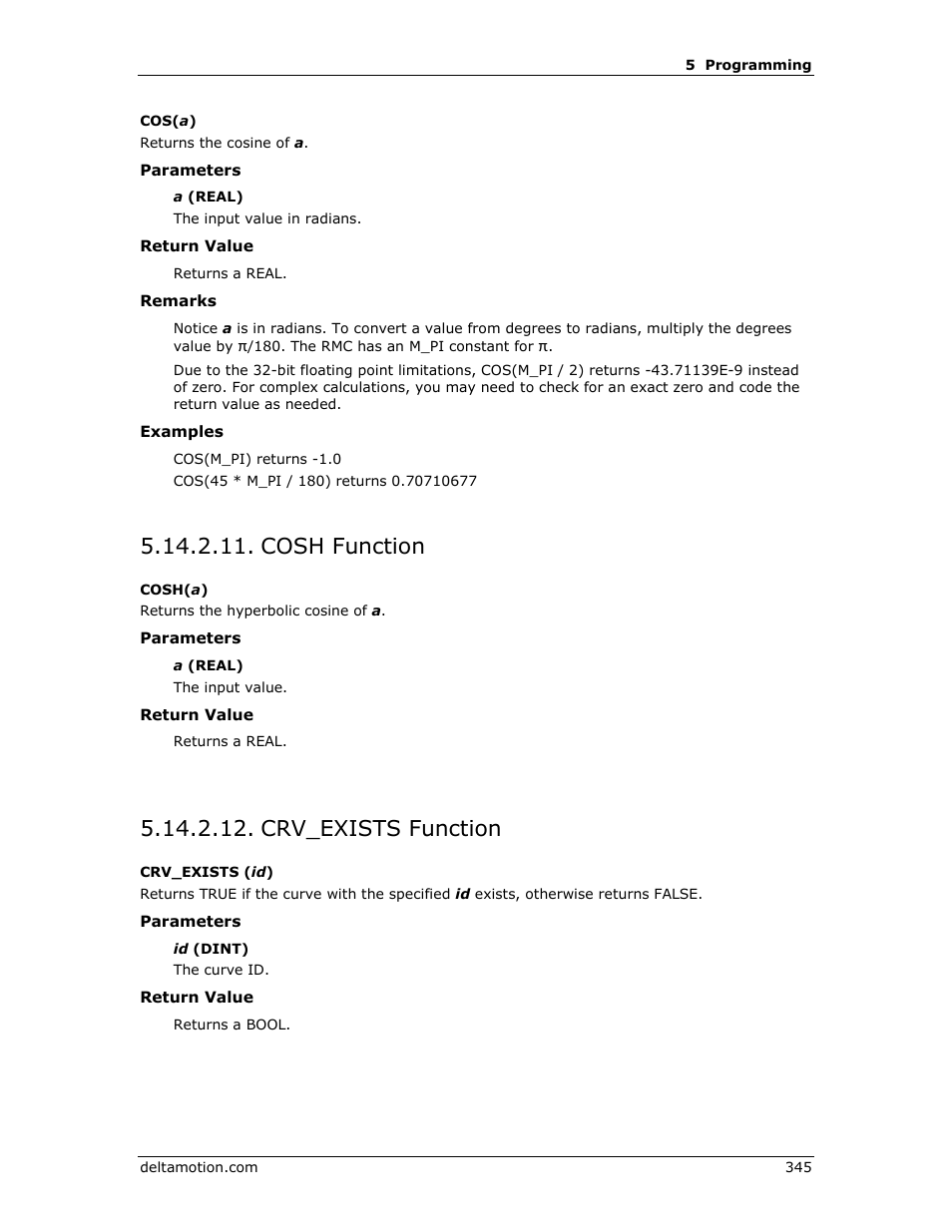 Cosh function, Crv_exists function, Cosh( a ) | Crv_exists( id) | Delta RMC151 User Manual | Page 365 / 1221