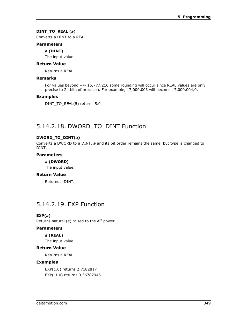 Dword_to_dint function, Exp function, Exp( a ) | Dword_to_dint( a ) | Delta RMC151 User Manual | Page 369 / 1221