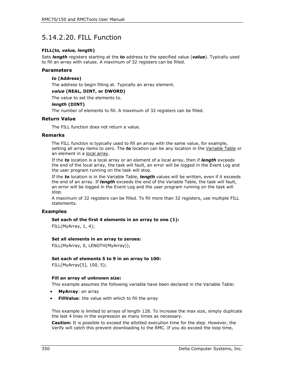 Fill function, Fill( to, val, len ) | Delta RMC151 User Manual | Page 370 / 1221