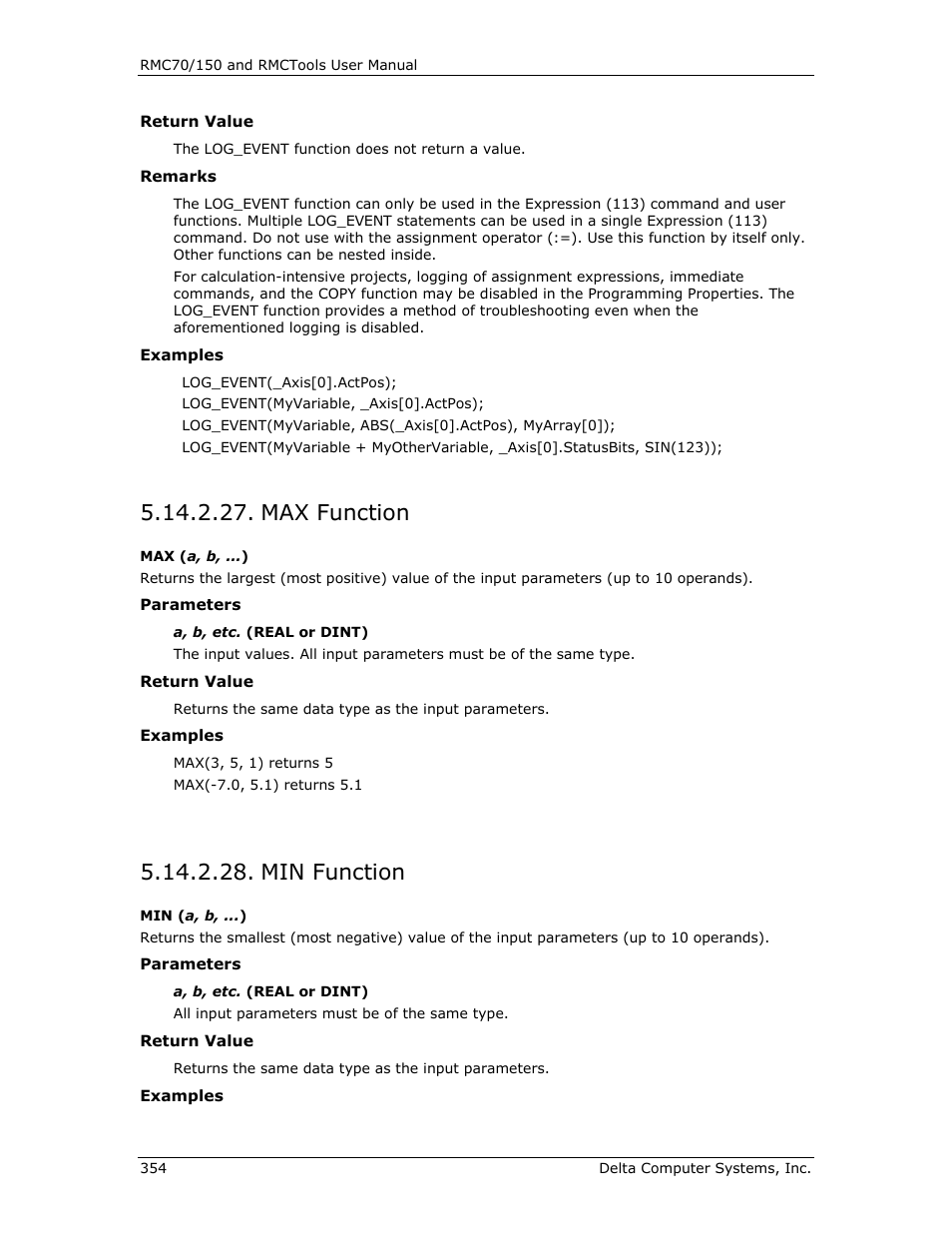 Max function, Min function, Min( a , b, ... ) | Max( a , b, ... ) | Delta RMC151 User Manual | Page 374 / 1221