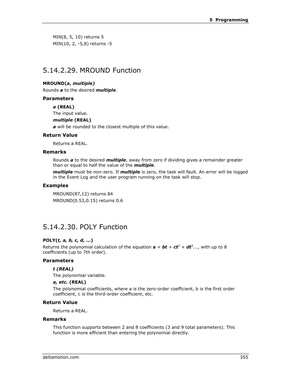 Mround function, Poly function, Poly( t, a, b, c, d,... ) | Mround( a, multiple ) | Delta RMC151 User Manual | Page 375 / 1221