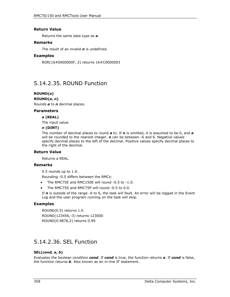 Round function, Sel function, Round( a ) round( a, n ) | Sel( cond, a, b ) | Delta RMC151 User Manual | Page 378 / 1221