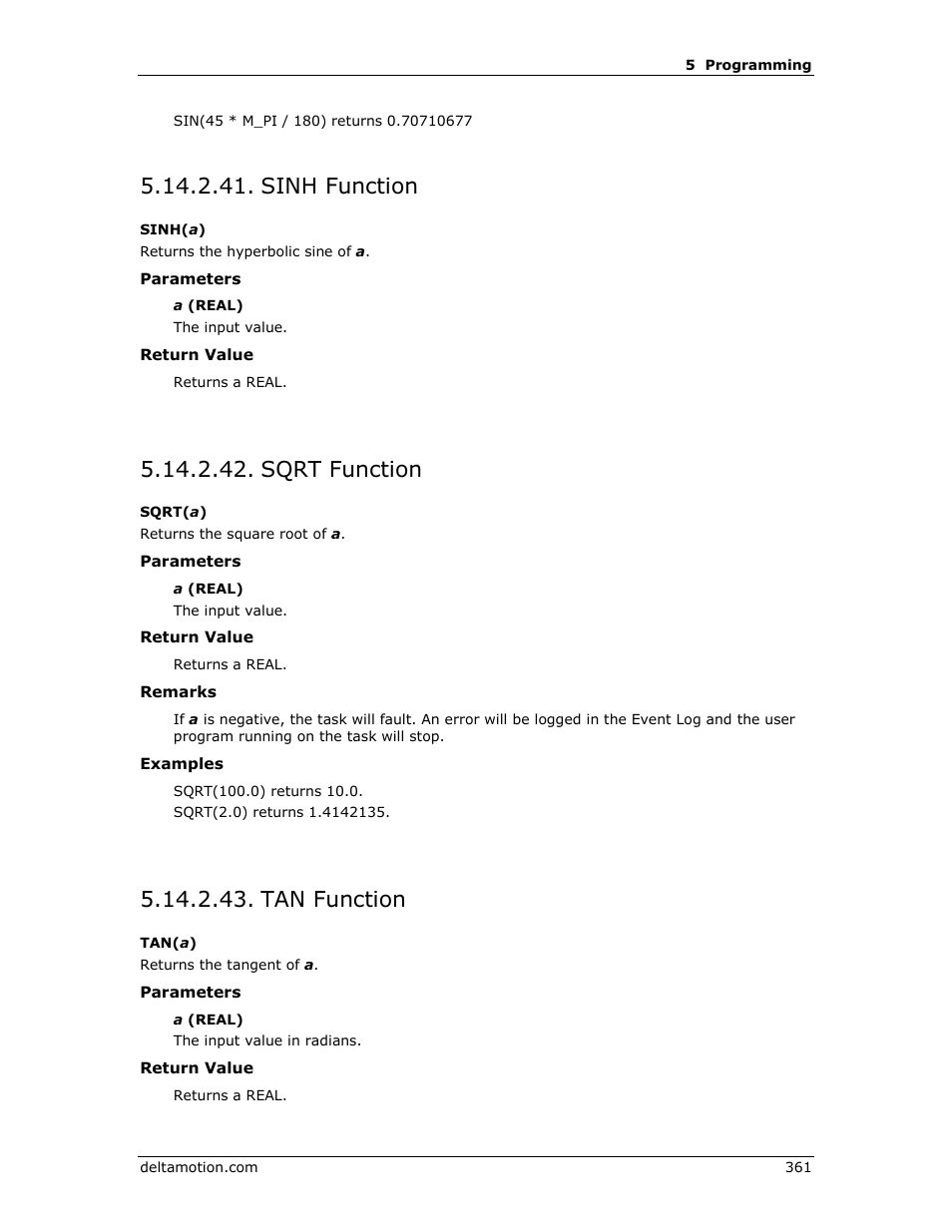 Sinh function, Sqrt function, Tan function | Sqrt( a ), Tan( a ), Sinh( a ) | Delta RMC151 User Manual | Page 381 / 1221