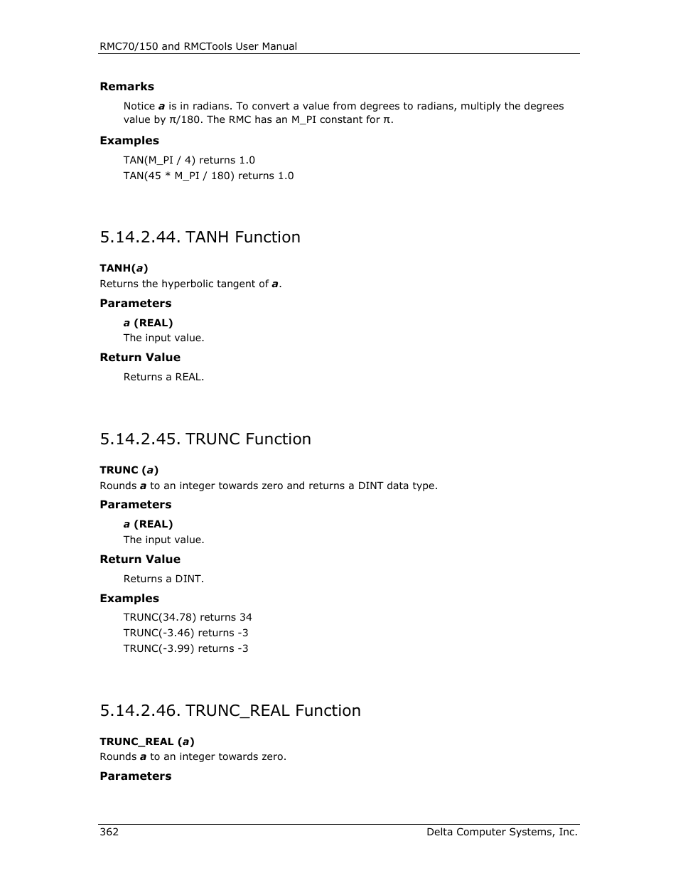 Tanh function, Trunc function, Trunc_real function | Trunc( a ), Trunc_real( a ), Tanh( a ) | Delta RMC151 User Manual | Page 382 / 1221