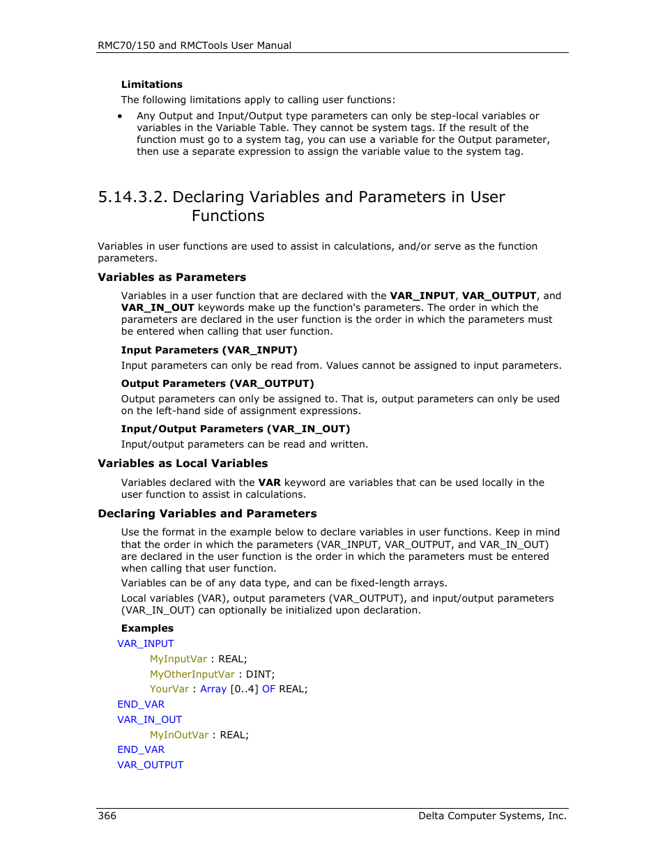 Declaring variables, In user functions, Declaring variables in user functions | Ee declaring variables in user functions | Delta RMC151 User Manual | Page 386 / 1221