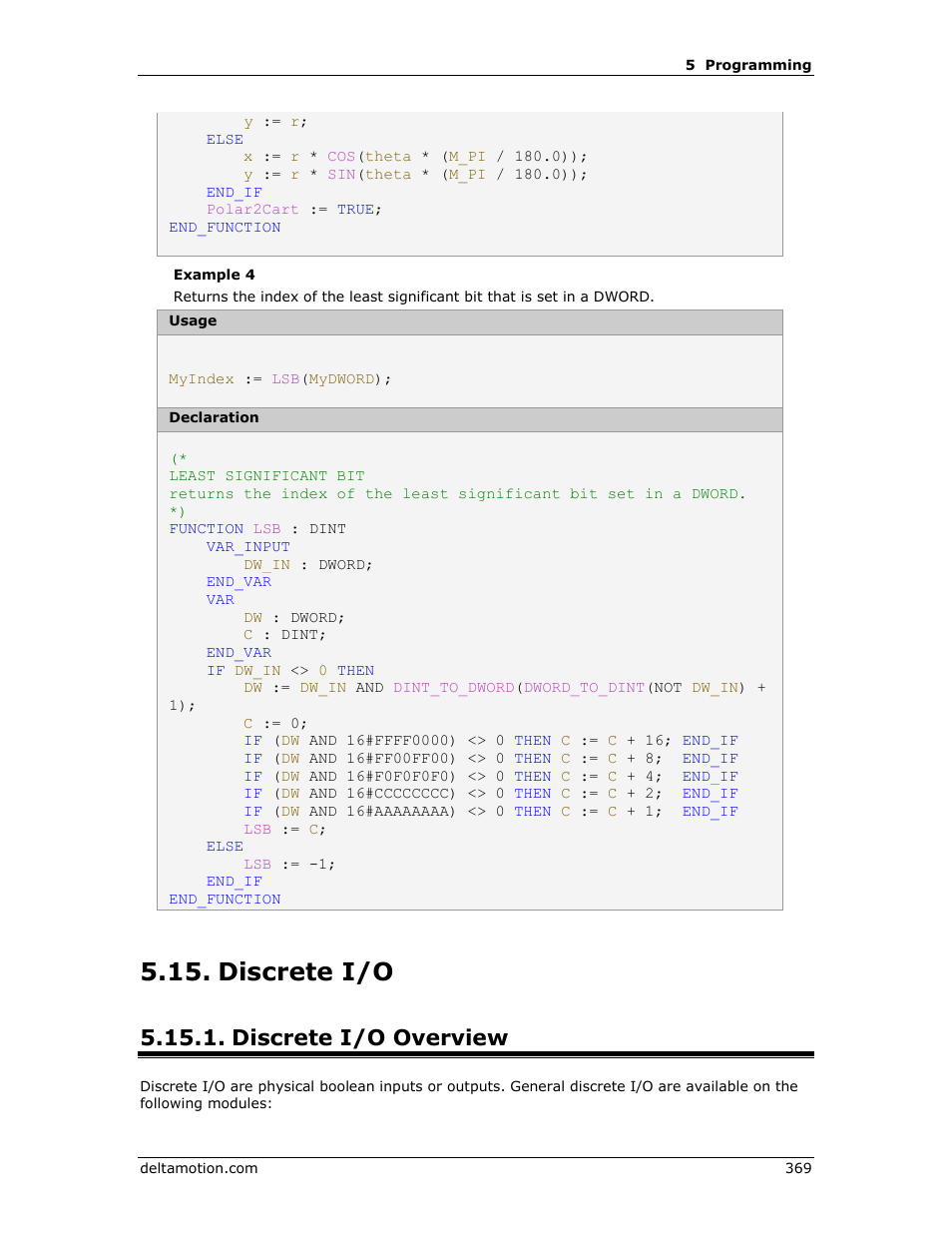 Discrete i/o, Discrete i/o overview, Discrete inputs | E discrete i/o | Delta RMC151 User Manual | Page 389 / 1221