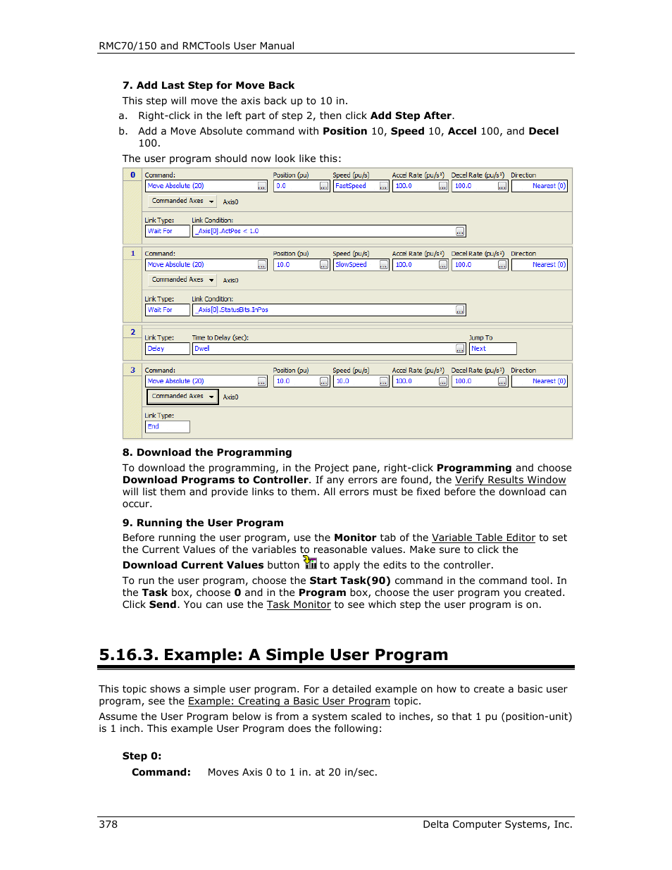 Example: a simple user program, Simple user program | Delta RMC151 User Manual | Page 398 / 1221