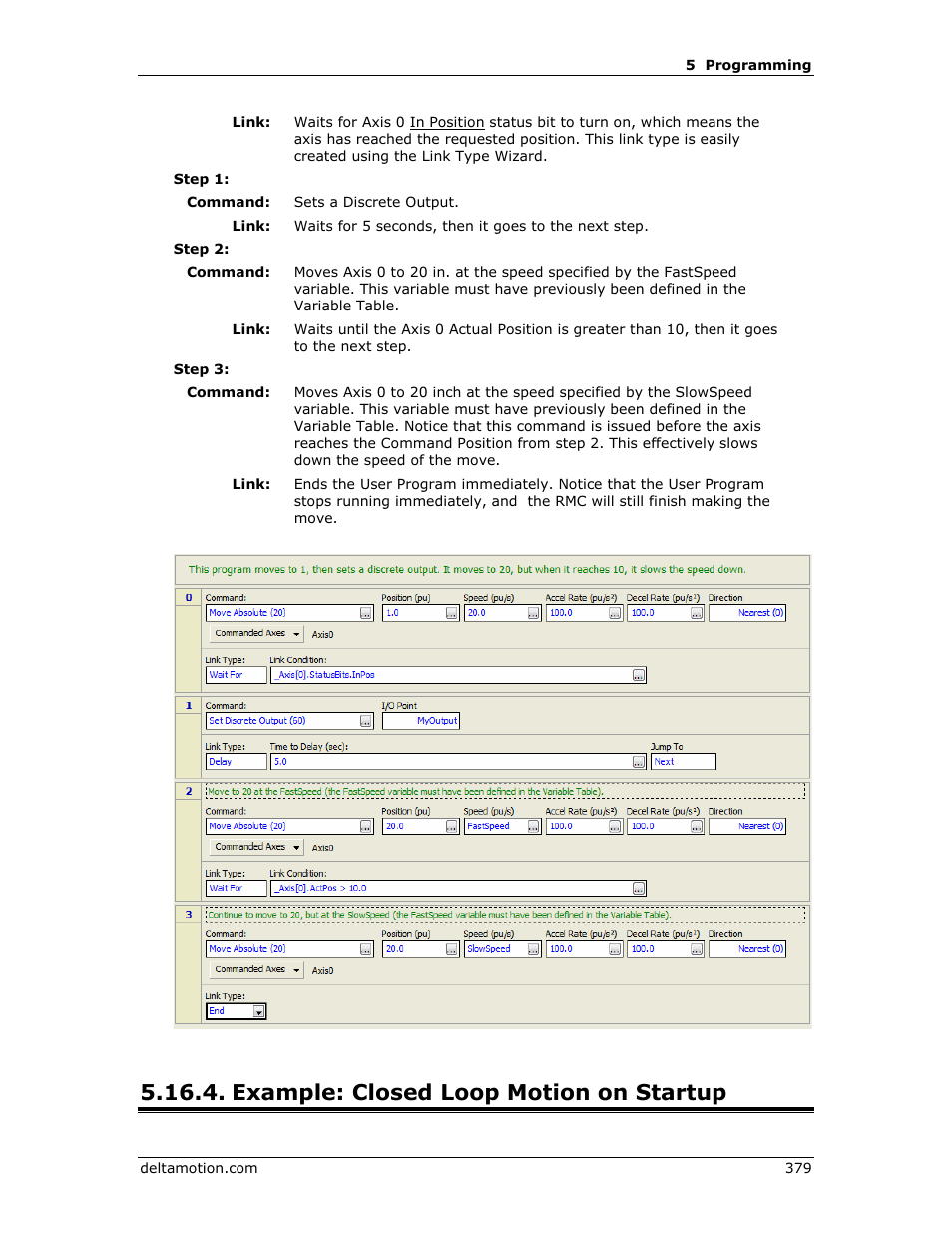 Example: closed loop motion on startup, E example: closed loop motion on startup, Closed loop motion on startup | Delta RMC151 User Manual | Page 399 / 1221