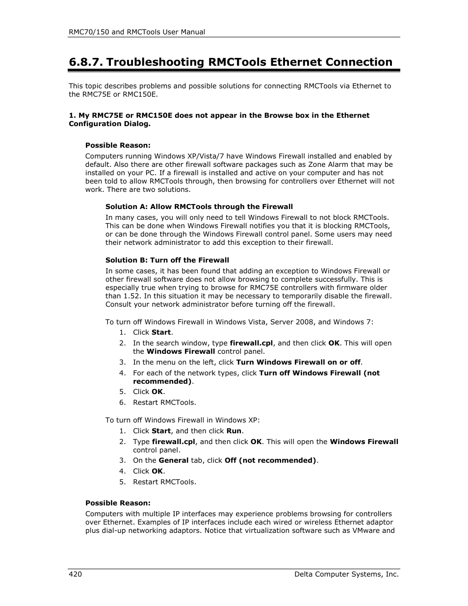 Troubleshooting rmctools ethernet connection, Troubleshooting ethernet, E troubleshooting rmctools | Ethernet connection | Delta RMC151 User Manual | Page 440 / 1221