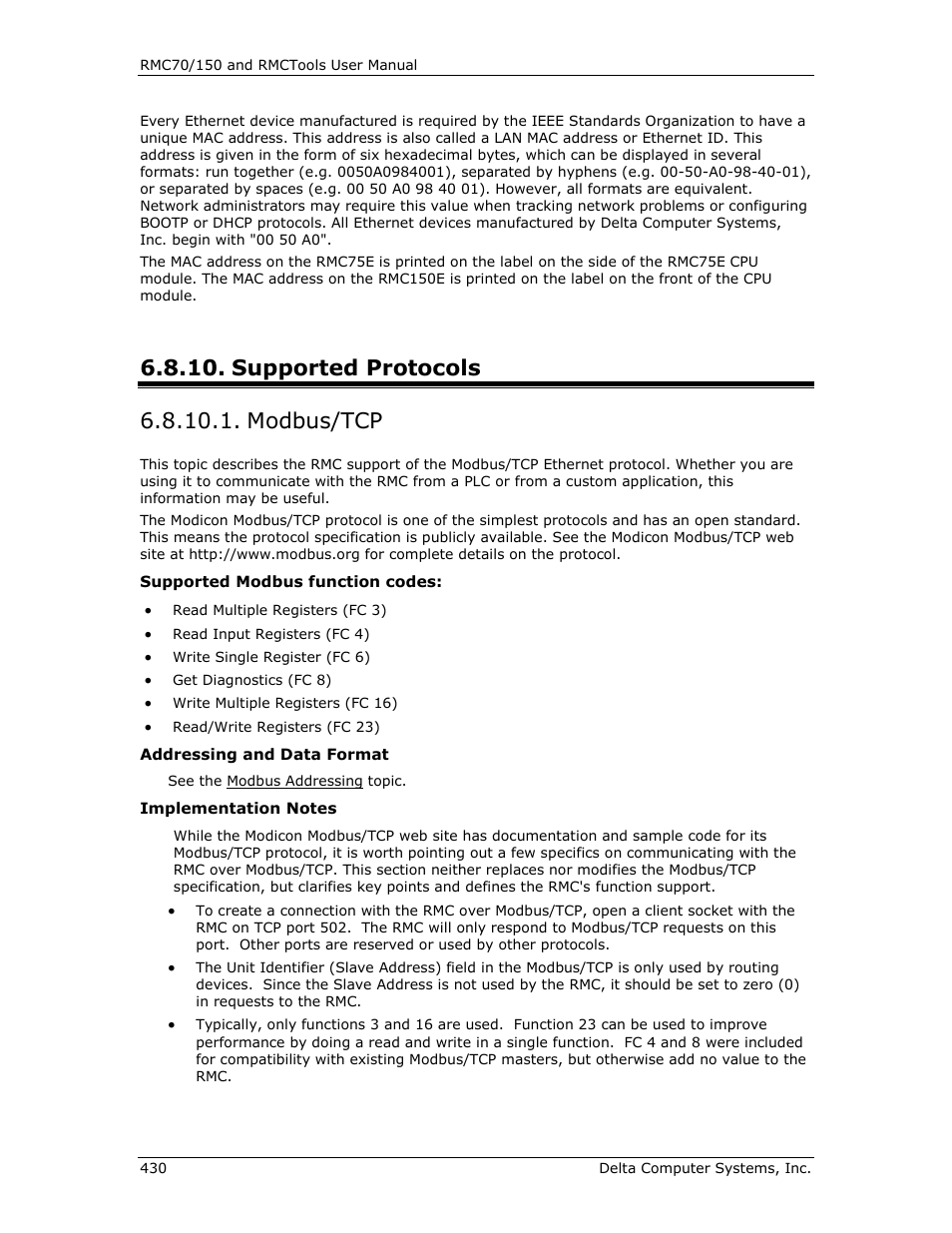 Supported protocols, Modbus/tcp, E modbus/tcp | Delta RMC151 User Manual | Page 450 / 1221