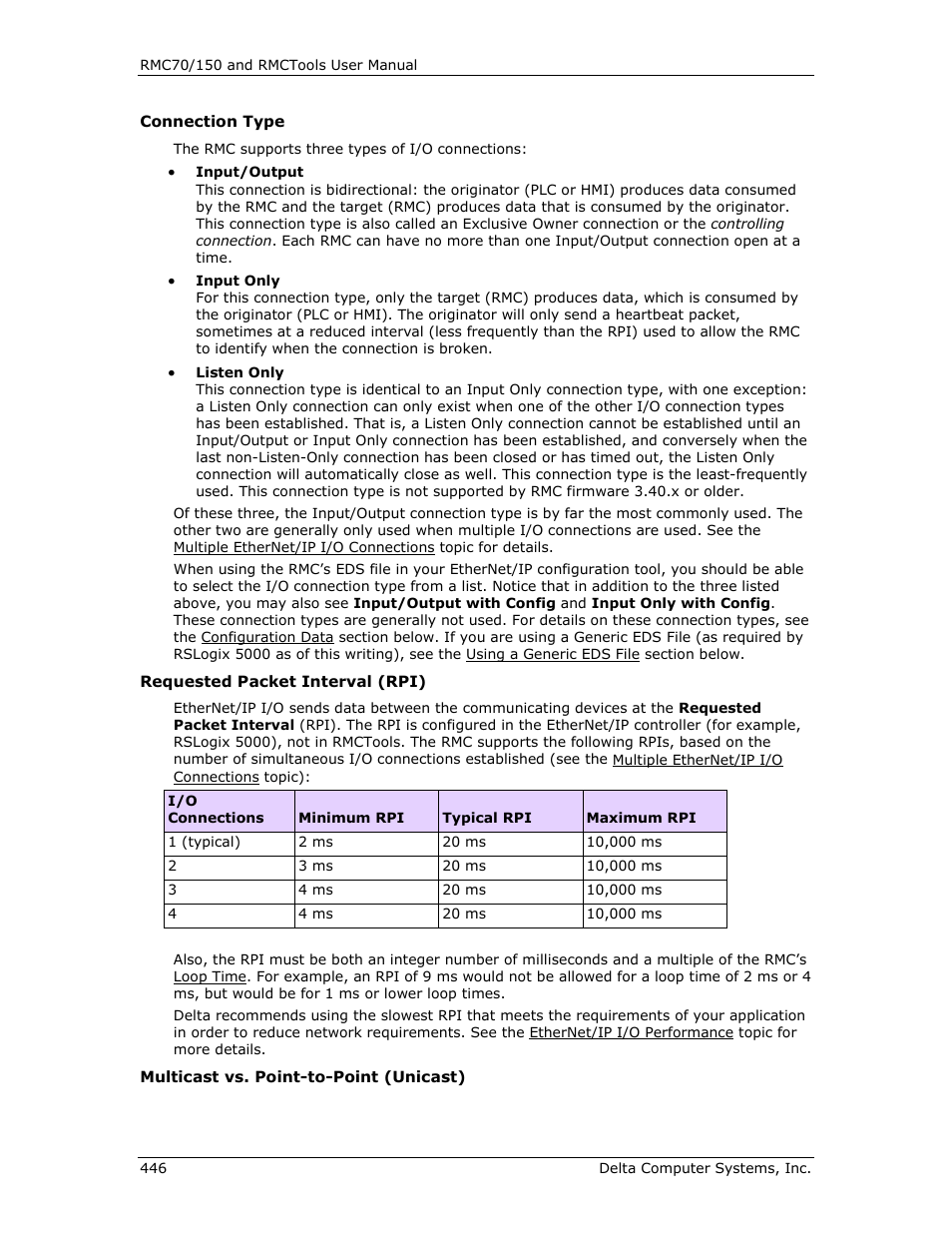 Connection type, Requested packet interval (rpi), Multicast vs. point-to-point (unicast) | Delta RMC151 User Manual | Page 466 / 1221