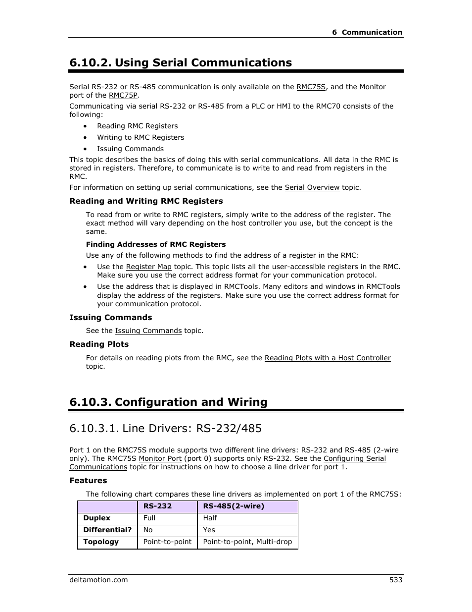 Using serial communications, Configuration and wiring, Line drivers: rs-232/485 | Using, Serial communications, E using serial communications | Delta RMC151 User Manual | Page 553 / 1221