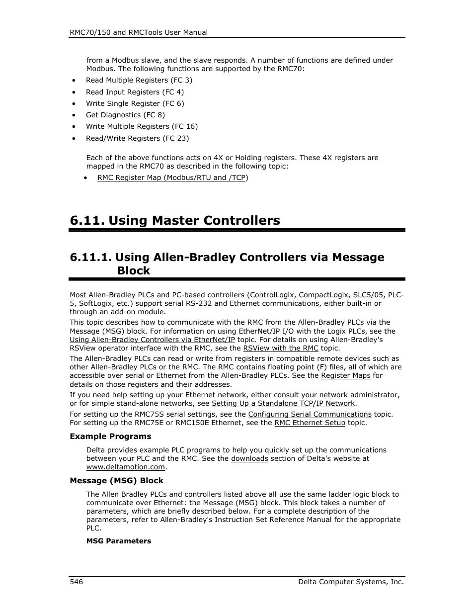 Using master controllers, Using allen-bradley controllers via message block, Allen-bradley controllers via message block | Ee using | Delta RMC151 User Manual | Page 566 / 1221