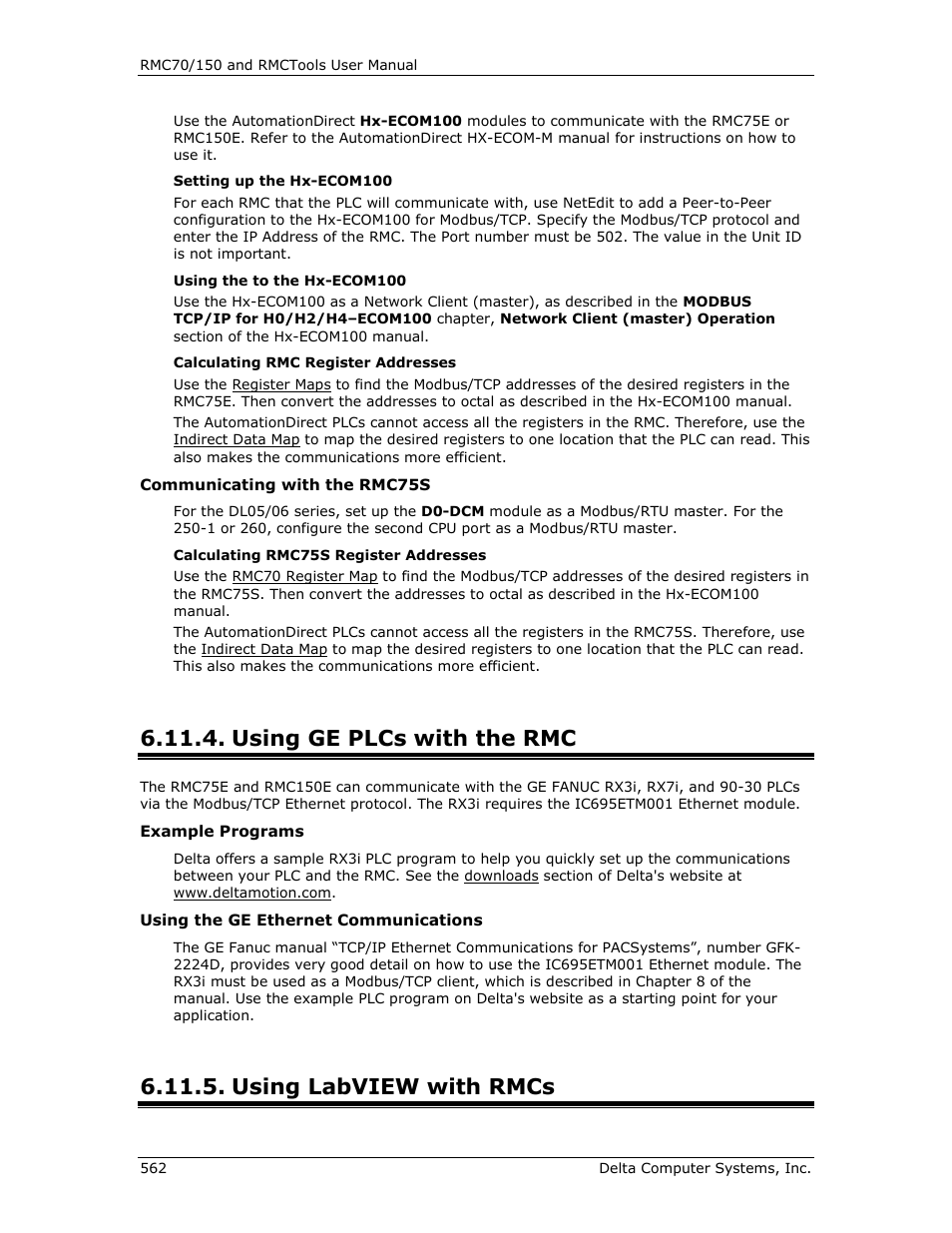 Using ge plcs with the rmc, Using labview with rmcs, Ge plcs | Ge plcs with the rmc | Delta RMC151 User Manual | Page 582 / 1221