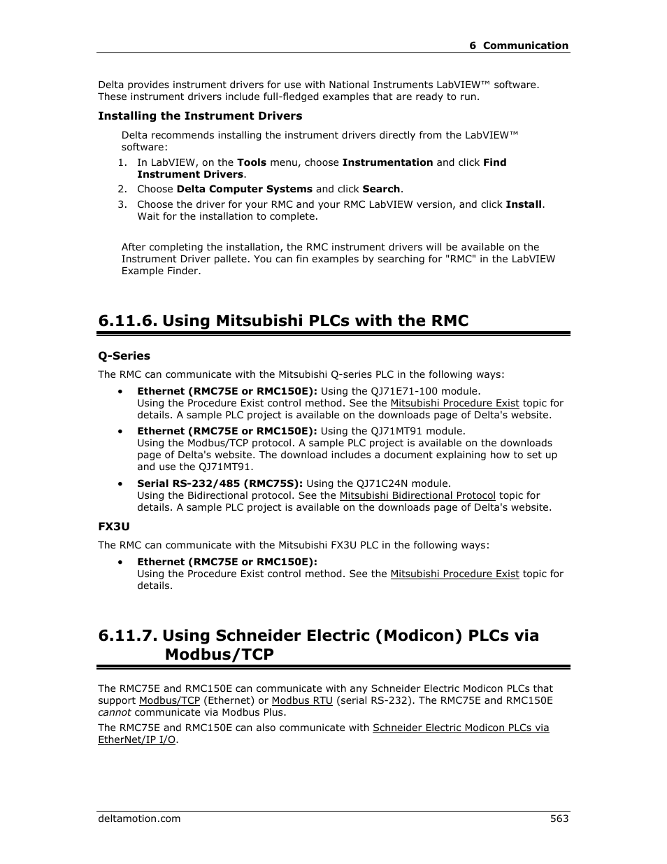 Using mitsubishi plcs with the rmc, Mitsubishi q-series, Schneider electric plcs via modbus | Mitsubishi q-series plcs with the rmc | Delta RMC151 User Manual | Page 583 / 1221