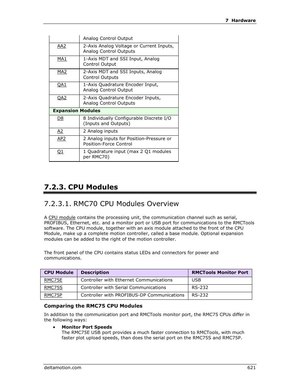 Cpu modules, Rmc70 cpu modules overview, Rmc75s | Rmc75p | Delta RMC151 User Manual | Page 641 / 1221