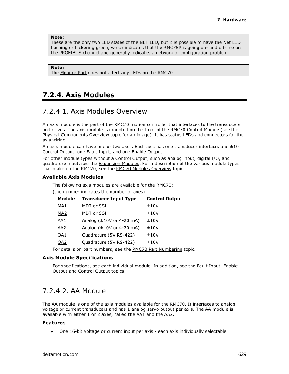 Axis modules, Axis modules overview, Aa module | 70 aa, Axis module, Analog, H axis module, Axis modules 7.2.4.1. axis modules overview | Delta RMC151 User Manual | Page 649 / 1221