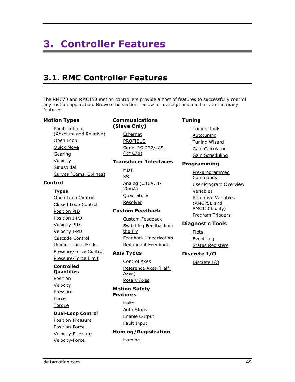 Rmc controller features, Controller features | Delta RMC151 User Manual | Page 69 / 1221