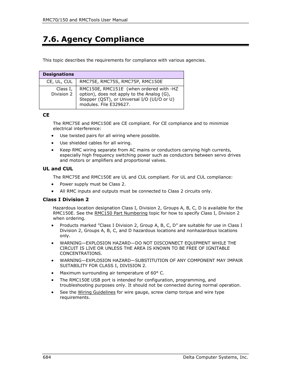 Agency compliance, Ul, cul, ce, Hazardous locations | Class i, division 2, Designation | Delta RMC151 User Manual | Page 704 / 1221