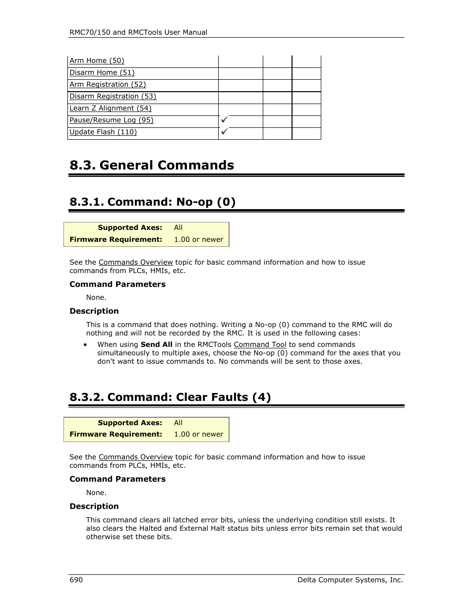 General commands, Command: no-op (0), Command: clear faults (4) | Clear faults (4), No-op (0) | Delta RMC151 User Manual | Page 710 / 1221