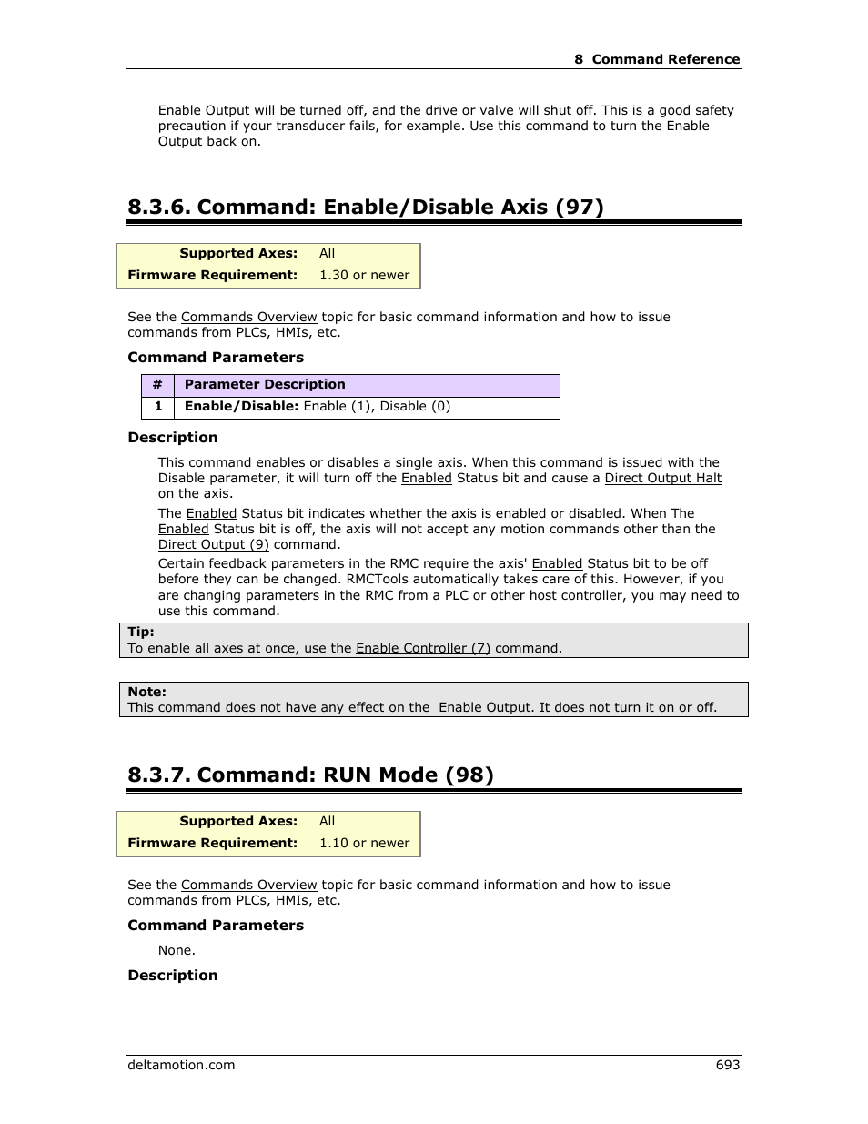 Command: enable/disable axis (97), Command: run mode (98), Run mode (98) | Enable/disable axis (97), To run | Delta RMC151 User Manual | Page 713 / 1221