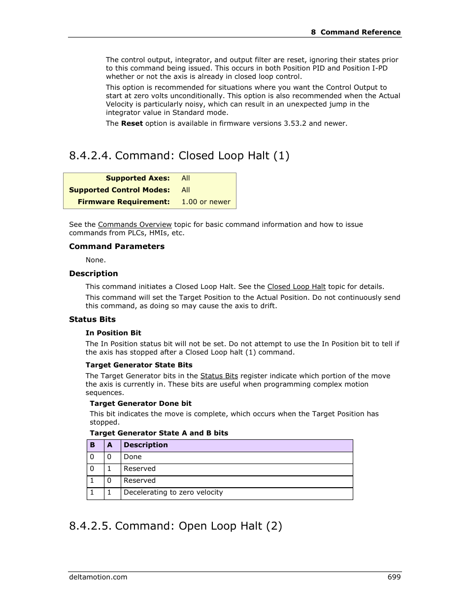 Command: closed loop halt (1), Command: open loop halt (2), Closed loop halt (1) | Open loop halt (2), Open loop halt, Closed loop halt | Delta RMC151 User Manual | Page 719 / 1221