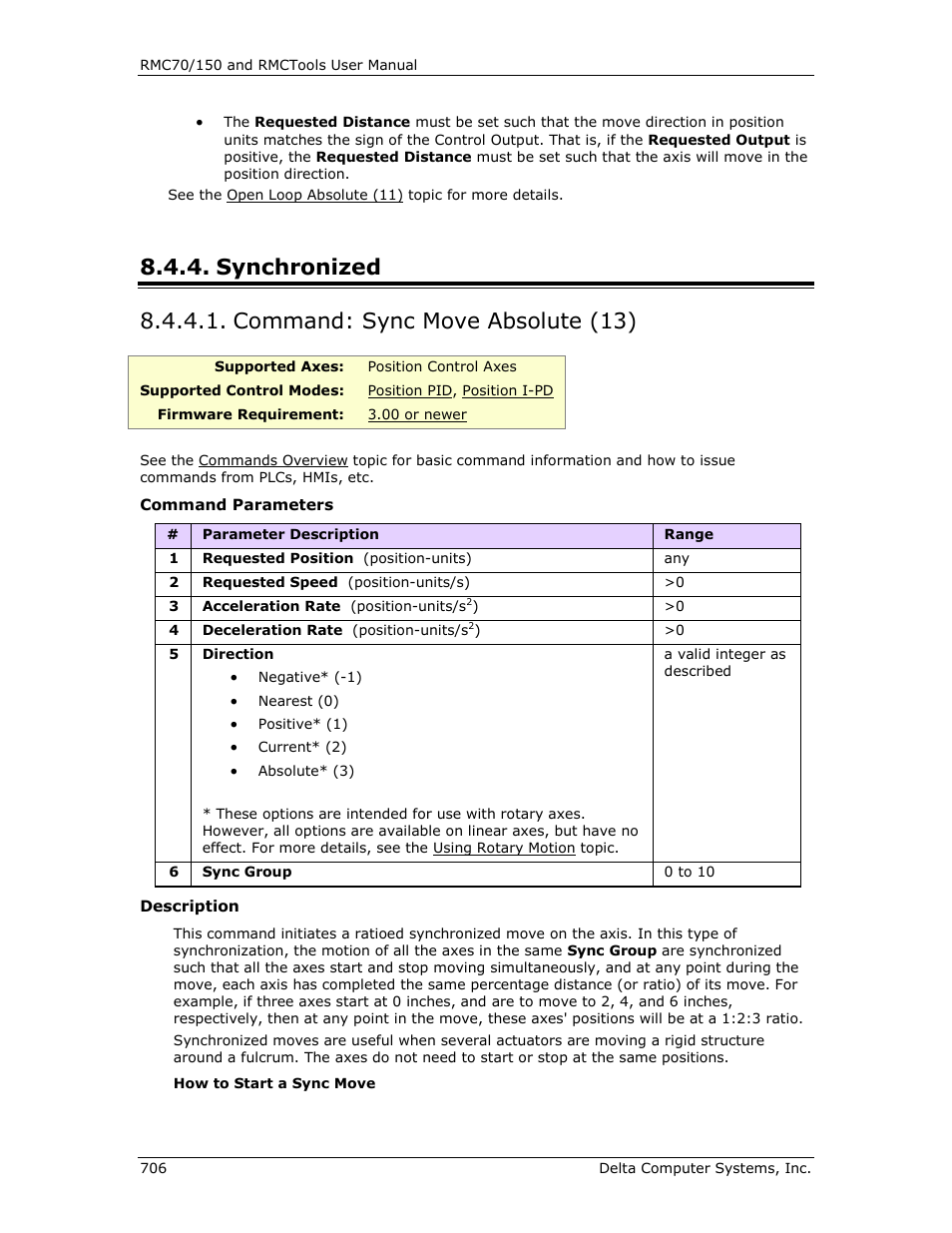 Synchronized, Command: sync move absolute (13), Sync move absolute (13) | Delta RMC151 User Manual | Page 726 / 1221