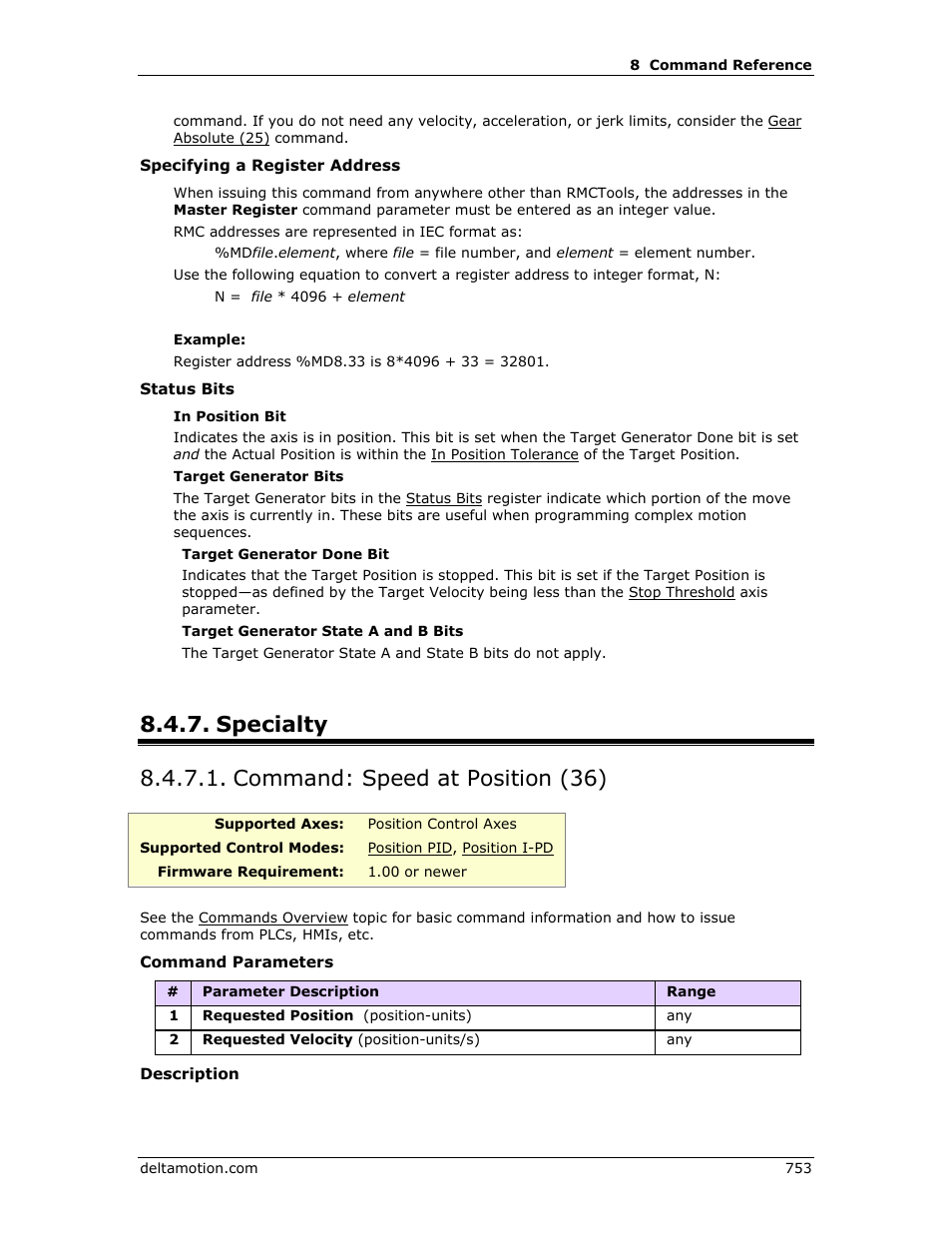 Specialty, Command: speed at position (36), Speed at position (36) | Speed at position | Delta RMC151 User Manual | Page 773 / 1221