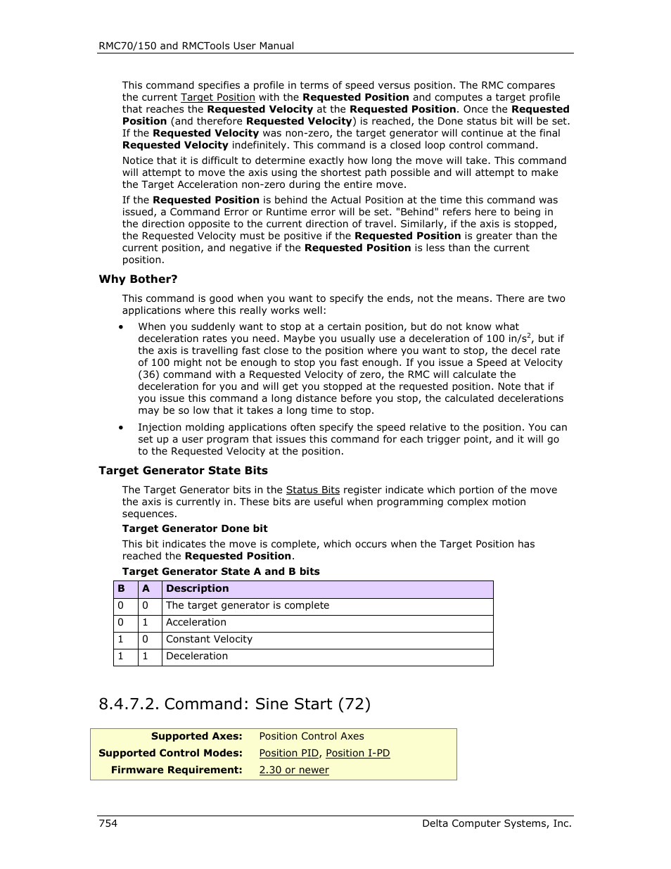 Command: sine start (72), Sinusoidal, Sine start (72) | Delta RMC151 User Manual | Page 774 / 1221