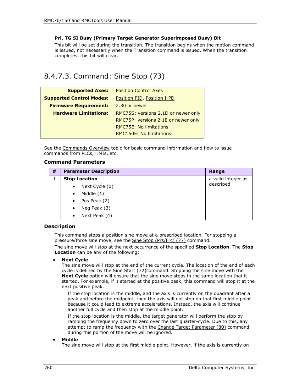 Command: sine stop (73), Sine stop (73), E sine stop (73) | Delta RMC151 User Manual | Page 780 / 1221