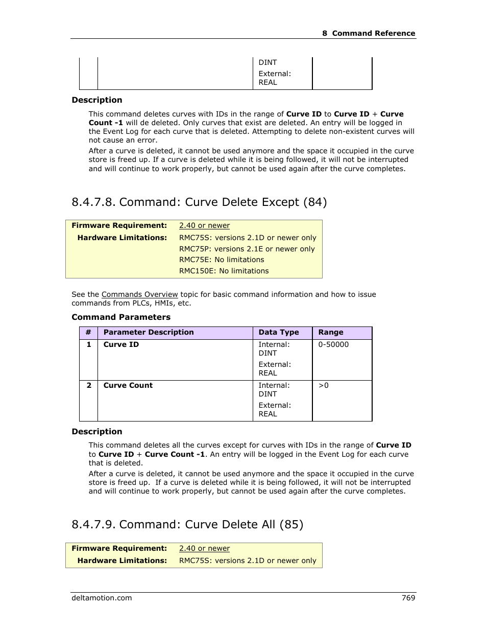 Command: curve delete except (84), Command: curve delete all (85), Curve delete all (85) | Curve delete except (84) | Delta RMC151 User Manual | Page 789 / 1221