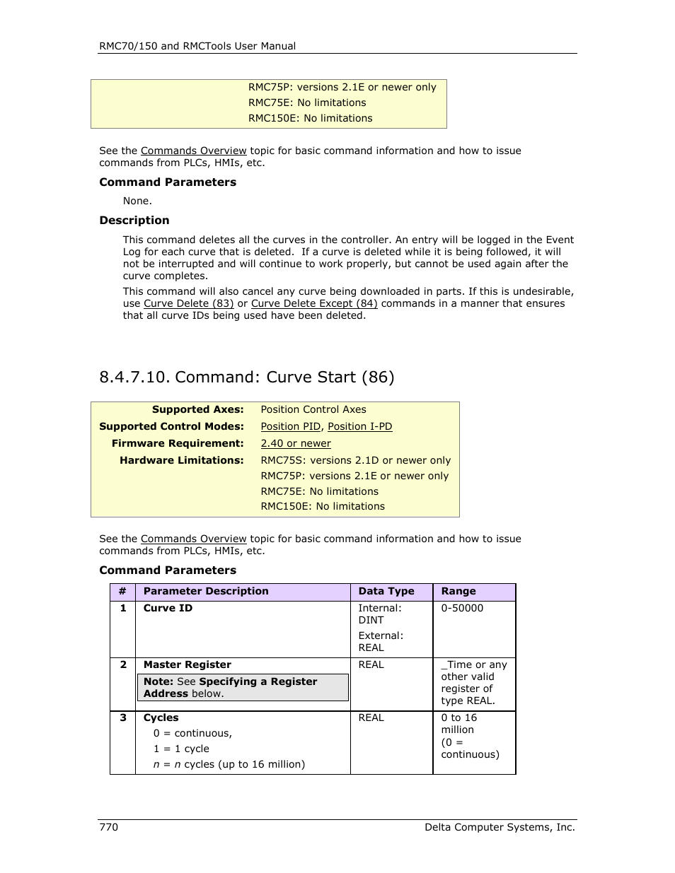 Command: curve start (86), E curve start (86), Curve start (86) | Delta RMC151 User Manual | Page 790 / 1221